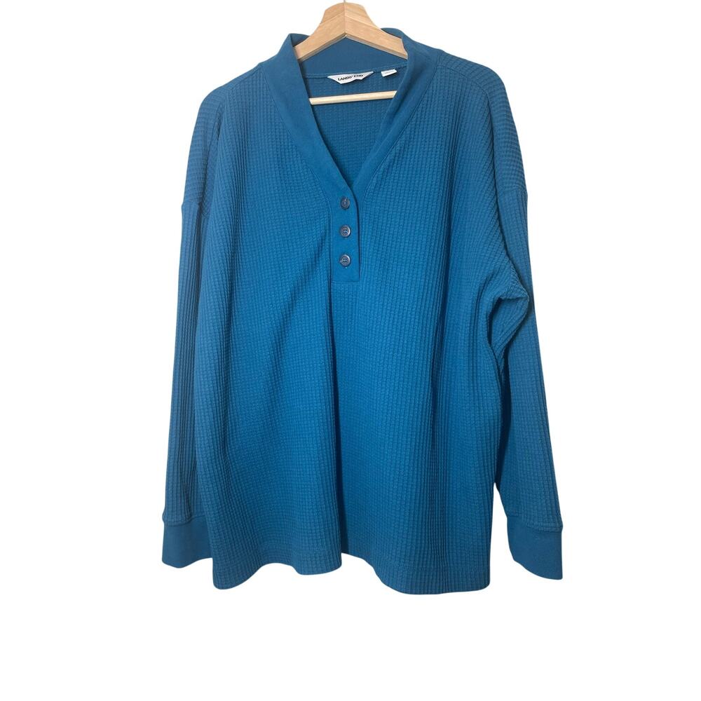 Lands" End Thermal Long Sleeve Top Henley Teal Size 2X XXL Shirt